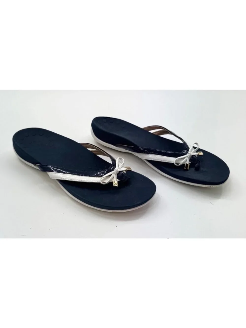 Vionic Bella X Womens Orthotic Flip Flops Navy & White Size 8.5 Bow Accent